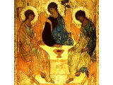The three heavenly `strangers` who visited Abraham`s tent - a Russian icon by Andrew Rubliev (c.1360-1430)